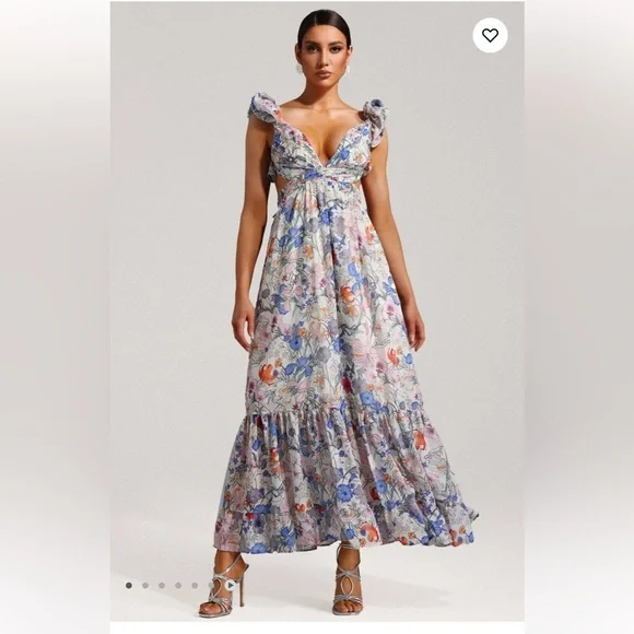 NWT Sunfere Floral Cut Out Maxi Dress Size Medium Lace Up Back Ruffles Flowy - Picture 3 of 14